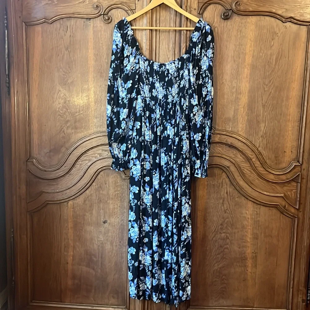 NEW Free People Jaymes Floral Print Square Neck Long Sleeves Midi Dress
